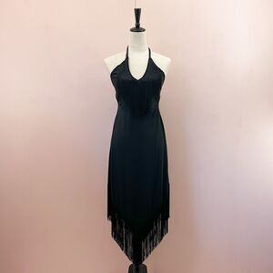 Vintage Black Fringe Midi Dress S Flapper Style Dance Dress Costume Dress